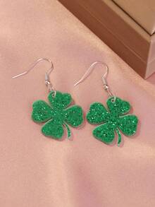 1 Pasang Anting Hijau Baru, Perhiasan Akrilik Bentuk Topi dan Daun Semanggi untuk Hari St. Patrick - Hijau - View 2