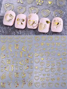 2片装浪漫项链造型美甲贴纸，闪亮亮片爱心3D自粘美甲贴花，金属粉色和蓝色爱心美甲DIY装饰美甲用品，适合女性、女孩、情人节和婚礼美甲设计 - 金色 - 查看 3