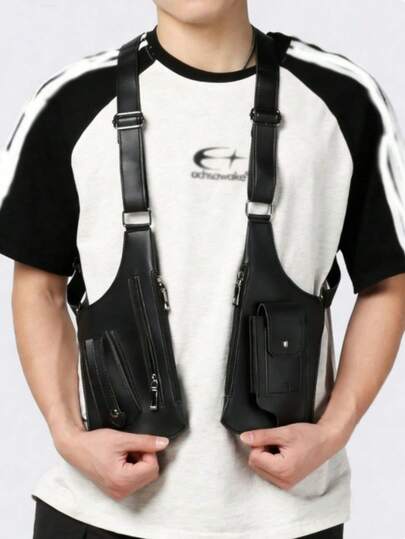 1pc PU Leather Casual Men's Waist Bag, Functional Streetwear Style Versatile Men's Chest Bag