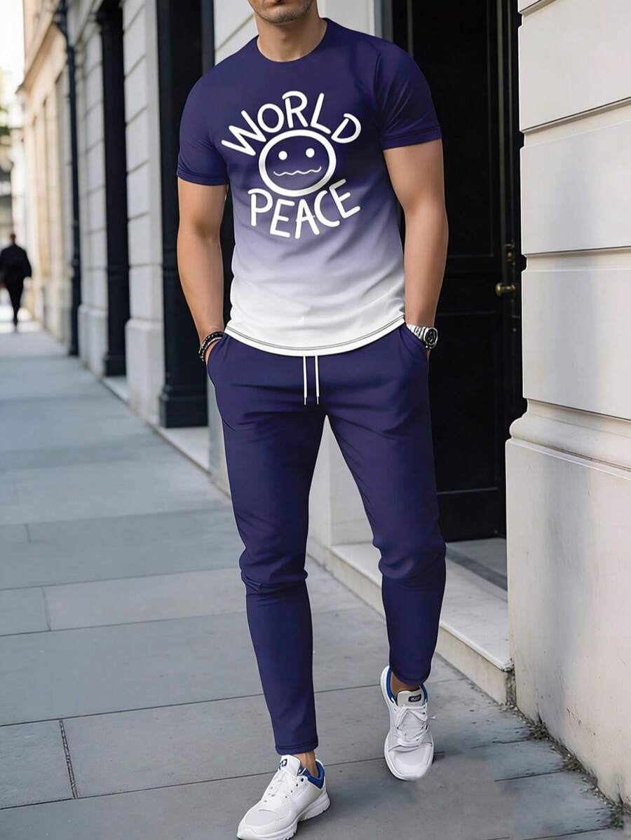 男士时尚印花圆领短袖T恤和裤子套装 - 彩色 - 查看 1