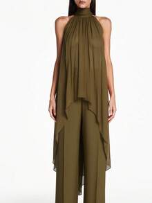 2026 Women Layering Tops Polka Dot Halter Mock Neck Tank Top Elegant Sleeveless Backless Asymmetric Hem Going Out Party Club Beach Tops - 軍綠色 - 查看 4