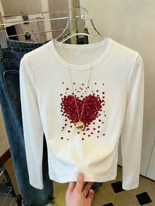Women's Elegant Versatile Heart Print Crew Neck Long Sleeve Ruched Fitted T-Shirt, Suitable For Summer And Autumn/Winter | Y2K Chic Style Y2K Sweet Fitted Pink Top | Spring Fashion, Minimalist Style, Smooth Fabric, Fashionable Women's Clothing, Valentine's Day Gift For Girlfriend - White - View 6