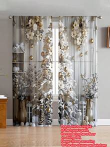 2 件圣诞树半透明窗帘，客厅、卧室家居装饰隐私保护