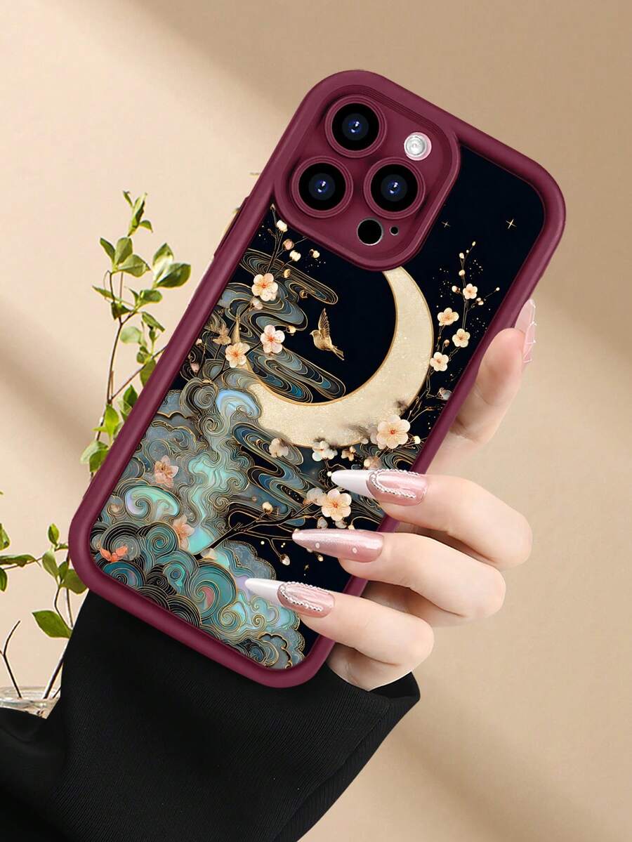 Funda de teléfono minimalista y gruesa a prueba de caídas, diseño de media luna con flores y pájaros en estilo oriental clásico, arte tradicional elegante, protección para cámara, ideal para amantes de la cultura asiática y estética refinada, compatible con Apple 17/16/15/14/13/12/11/Pro/ProMax,compatible con Galaxy A34/A35/A54/A55,Galaxy S20/S21/S22/S23/S24/S25 Ultra/Plus,compatible con Moto/Galaxy/Redmi/Honor/OPPO Soft - Burdeos - Ver 1
