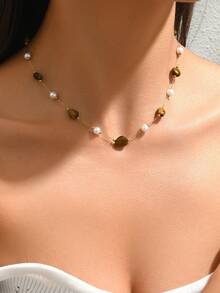 1pc Natural Tiger-Eye Stone Stainless Steel Necklace, Pearl Beaded Chain Necklace, Fashionable Elegant Necklace For Women, Waterproof Versatile Choker Necklace For Daily Wear, Party, Date, And Vacation - Gold - View 2