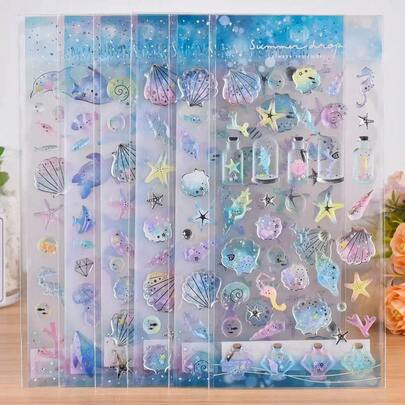 Ocean Shell, Small Fish Flat Relief Crystal Stickers, Diamond Children Girls Reward Stickers, DIY Craft, Scrapbooking, Diary, Phone Decoration Stickers