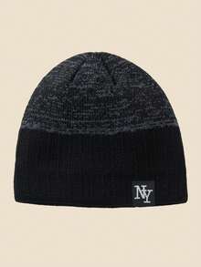 1pc Unisex Layered NY Logo Knit Beanie Hat, Soft Warm Thick Lining, Minimalist Style Suitable For Cold Weather