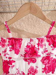 女童玫瑰印花露肩连衣裙，荷叶边下摆，休闲时尚网纱裙，夏季 - 玫紅色 - 查看 3