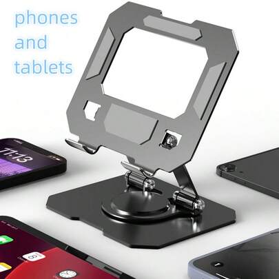 1 pieza Soporte plano de metal negro para tableta, adecuado para iPad y teléfonos de 4-13 pulgadas, acero al carbono, hueco en el medio, articulaciones giratorias dobles, base cuadrada, rotación de 360 grados