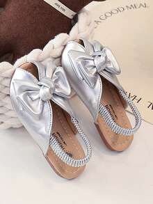 1 Pair Girls' Fashion Flat Sandals, Casual Indoor/Outdoor Shoes, Princess Style With Bow Decor, Versatile For Party & Daily Wear - Silver - View 3