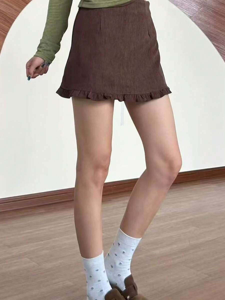 [Y6Y] 女士休闲A字迷你裙，荷叶边下摆，梭织面料，适合初夏春季穿着 - 咖啡棕 - 查看 1