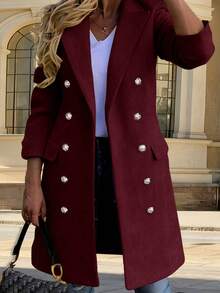 女士轻薄双排扣长袖羊毛混纺大衣，休闲外套 - 酒紅色 - 查看 4