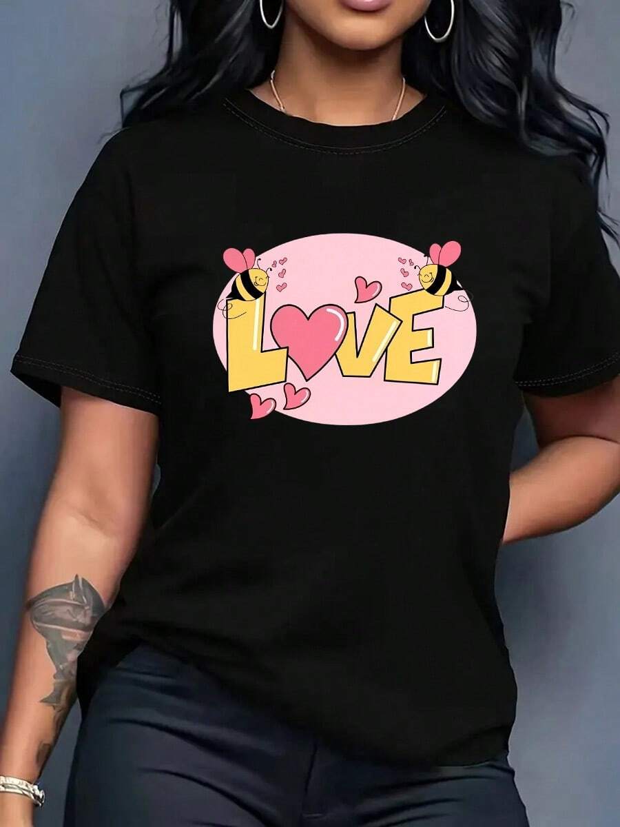 Camiseta casual de mujer con estampado romántico de San Valentín, cómoda camiseta de cuello redondo de manga corta, adecuada para usar en primavera y verano, regalo de San Valentín y atuendo de invierno, adecuada para cualquier ocasión, color sólido, estilo casual, reuniones familiares, uso diario. - Negro - Ver 1