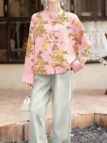 中国新年女士立领长袖印花梭织衬衫裙，纽扣前襟，常规长度 - 粉色 - 查看 3