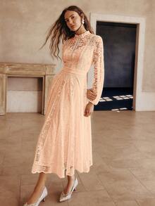 Simplee Đầm ren màu trơn mới dành cho nữ mùa xuân/hè, dáng xòe, tay dài, thanh lịch, thích hợp làm đầm dạ hội, đầm dự tiệc, đầm sinh nhật, đầm dự đám cưới, đầm tốt nghiệp. - Bụi hồng - Xem 6