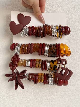 1-30 Pairs Random Burgundy Heart, Letter, Geometric, Vintage Coin Acrylic Exaggerated Fashion Earring Set, Blind Box Combination, Gift For Women On Mother's Day, Valentine's Day, Christmas, New Year, Daily Wear