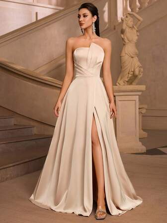 ADYCE Women's Elegant Bandeau Pleated High Waist High Slit Backless Lace Up Dress Floor Standing A Swing Skirt Prom Party Prom Dress Wedding Guest Prom Homecoming Date Night Formal Dinner Birthday Party Holiday Party Home Party