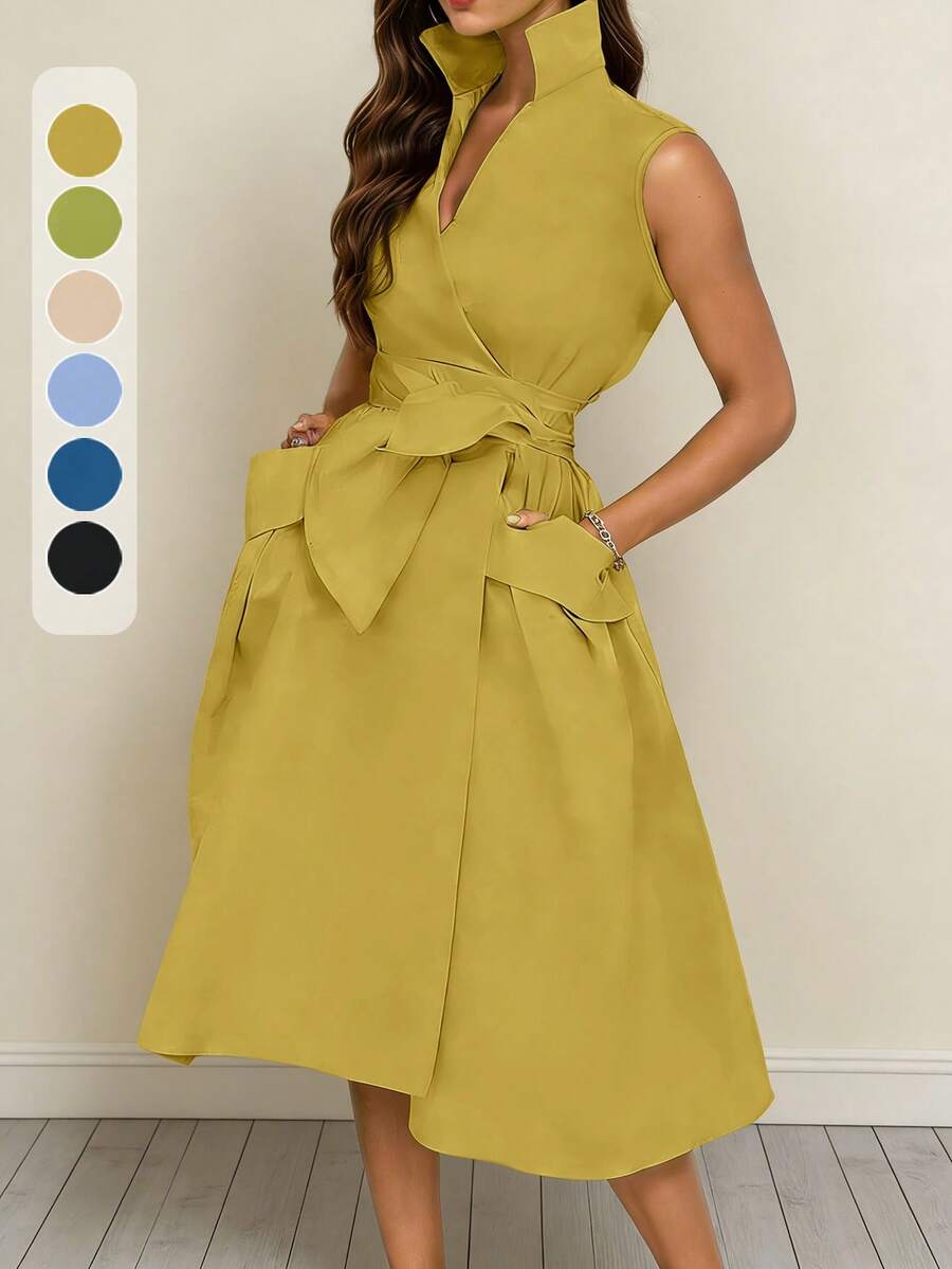 女式无袖纯色立领系带腰部口袋连衣裙，优雅通勤风格，春夏 - 黃色 - 查看 1