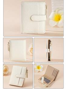 1pc Litchi Pattern Simple Women's Wallet High-End Temperament Two-Fold Multi-Card Slot Zipper Short Coin Purse Fashion Card Holder Portable Wallet Travel Coin Card Storage Bag - Beige - View 3