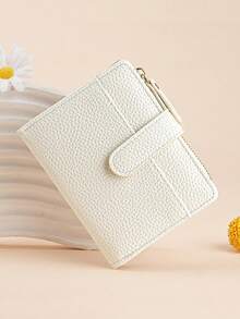 1pc Litchi Pattern Simple Women's Wallet High-End Temperament Two-Fold Multi-Card Slot Zipper Short Coin Purse Fashion Card Holder Portable Wallet Travel Coin Card Storage Bag - Beige - View 1