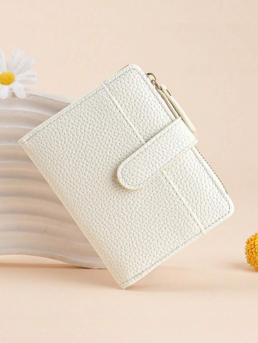 1pc Litchi Pattern Simple Women's Wallet High-End Temperament Two-Fold Multi-Card Slot Zipper Short Coin Purse Fashion Card Holder Portable Wallet Travel Coin Card Storage Bag - Beige - View 1