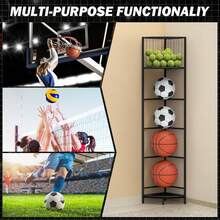 5 Tier Ball Storage Rack, 4 Ball Storage Rack With Basket, Corner Ball Holder For Basketball, Football, Volleyball, Vertical Ball Rack, 12.4" X 12.4" X 66.3", Black - Black - View 4