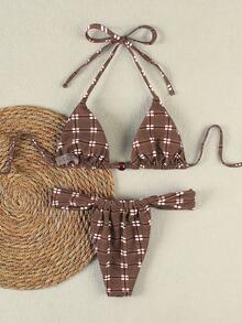 Bộ bikini hai mảnh cổ trễ họa tiết kẻ caro nâu đỏ kiểu retro dành cho nữ, phong cách gợi cảm, thích hợp cho kỳ nghỉ biển, mùa hè xuân 2026. - Nhiều màu - Xem 3