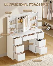 HEXCELEN Dressing Table With Lights, Vanity Desk With Large Led Mirror, Adjustable Brightness, Makeup Desk Vanity Table With 7 Drawers, 4 Shelves For Bedroom, Storage Behind The Mirror, White - Xem 5