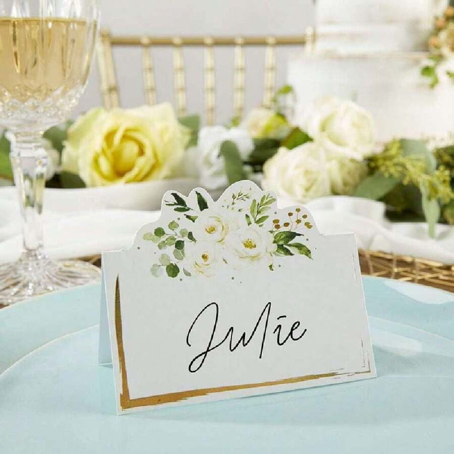 - Decoración de fiesta verde salvia, tarjetas de tienda de campaña floral de eucalipto (juego de 50), perfectas para baby shower y despedidas de novia,37326833 - Verde - Ver 1