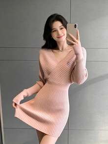 [Y6Y] 女士氛围感粉色露肩修身针织V领露背条纹性感连衣裙，适合春季穿着 - 粉色 - 查看 8