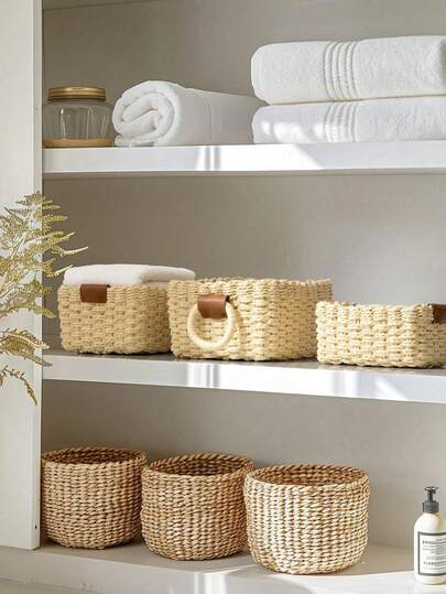 一套3个编织收纳篮（小号+中号+大号），纸绳编织，带提手，可爱装饰礼品篮，适用于橱柜抽屉、卧室、客厅、宿舍、书桌等场所的收纳，乡村风格装饰，可重复使用的波西米亚风收纳篮，可用于存放文具、衣物、玩具、化妆品等。