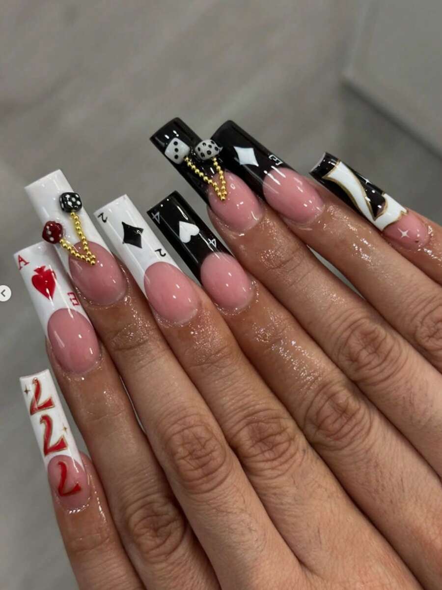 24片情人节亚克力美甲贴纸，法式长方形美甲贴纸，Y2K黑白3D美甲贴纸，DIY美甲骰子/珠子装饰，适用于美甲沙龙、女孩和女士、日常佩戴、节日和礼物美甲用品 - 彩色 - 查看 1