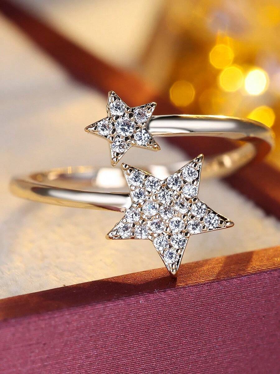 1pc Elegant Creative Double Star Design Zirconia Inlaid Open Ring For Women, Jewelry Accessory For Party, Banquet - Ring - View 1
