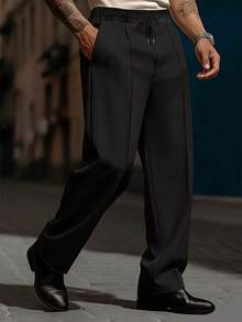 EXARUS 2-Pcs Men's Classic Commuting Trousers, Elastic Waist With Drawstring Casual Straight-Leg Pants, Business Draped-Feel Long Pants, Minimalist Wardrobe Zero-Restriction Trousers. - 黑色+卡其色 - 查看 11