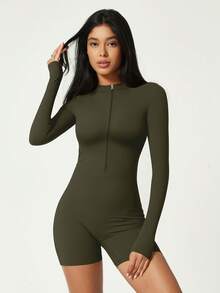 女士半拉链立领长袖连体裤 - 軍綠色 - 查看 8