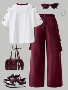 Teen Girl Casual Numeric Print Short Sleeve T-Shirt And Cargo Pants Set - Burgundy - View 2
