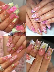2Pcs 5D Embossed Spring/Summer Hibiscus Nail Stickers, Pink Gradient Hibiscus Pattern And French Gold Outline Design - Self-Adhesive Nail Stickers, Cute And Charming Decorative Stickers, Create Elegant Spring/Summer Nail Art DIY - Nail Salon Supplies - Multicolor - View 7