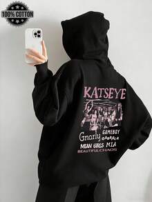 Áo hoodie nữ in họa tiết phong cách thường ngày, dáng rộng, thiết kế thoải mái với hình ảnh "Katseye" ở phía sau, lý tưởng cho phong cách đường phố, mùa thu/đông. - màu đen - Xem 1
