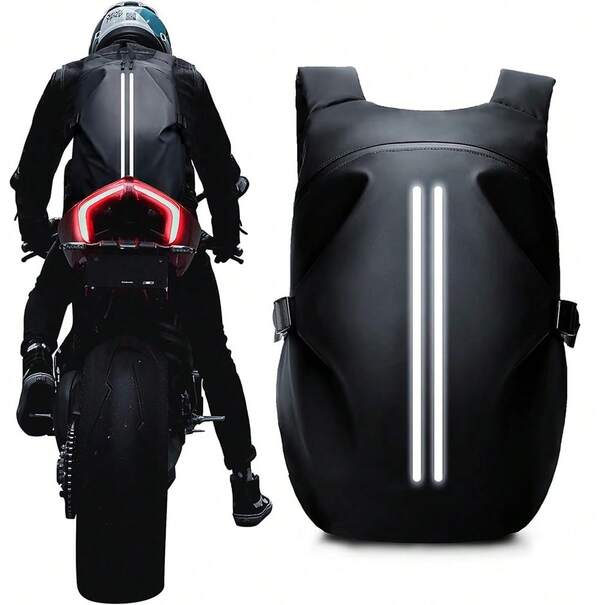 Sac à dos de moto avec bandes réfléchissantes, imperméable et durable, design ergonomique pour les motards et les usagers quotidiens.