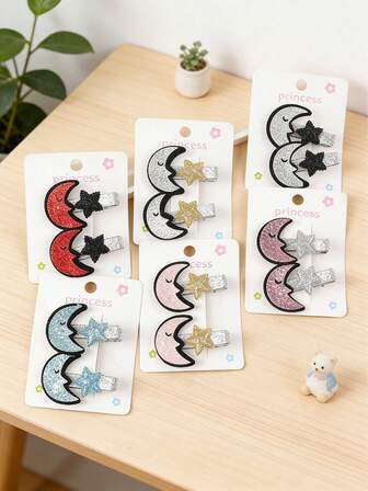 2 Sweet Moon And Star Sparkle Hair Clips, Princess Style Daily School Party Hair Accessories, Cute Hair Accessories For Kids, Suitable For Everyday Parties