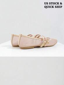 ADAMUMU Print Mesh Breathable Women's Flat Sandals, Mary Jane Ballet Flats, Lightweight & Comfortable Square Toe Hollow-Out Casual Slip-On Shoes - Màu be - Xem 4