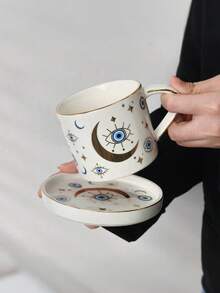 1 Set Ramadan Elements Creative Cup & Saucer Set, Demon Eye Luxury Gold Ceramic Cup, Star & Moon Couple Mugs, Water Cup, Latte Coffee Cup, Ideal For Ramadan - Multicolor - View 14
