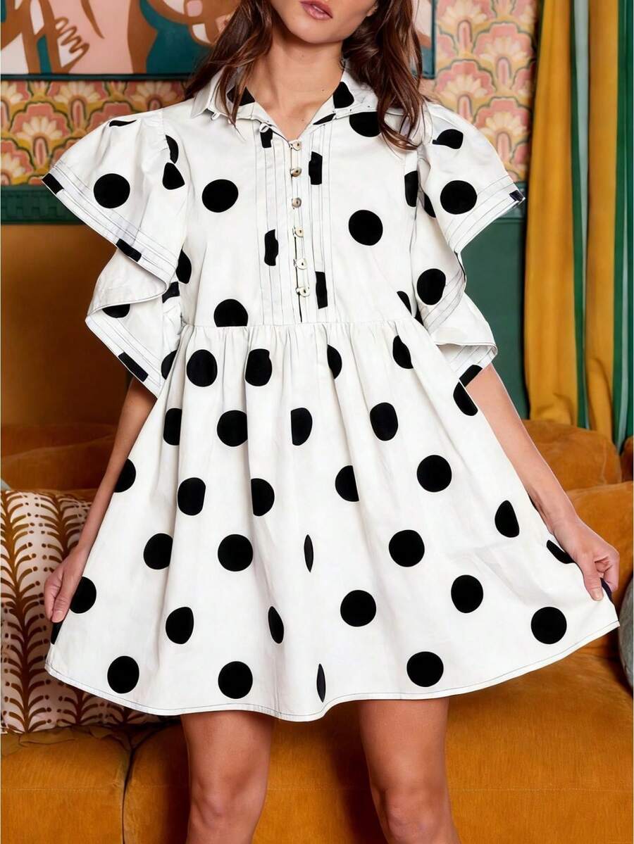 Boho Women's Polka Dot Flowy Short Dress For Spring And Summer, Button-Down Henley Collar Short Sleeve A-Line Midi Dress With Flutter Sleeves For Dates And Outings - White - View 1