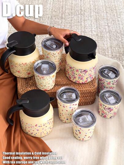 1pc 800ml Japanese Floral Pattern Double Wall Stainless Steel Insulated Coffee/Tea Pot, Suitable For Office, Restaurant, Outdoor, School, Party And Occasions Like Ramadan, Valentine's Day, Mother's Day, Birthday
