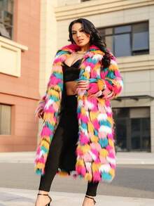 FHILLINUO Plus Size Women Fashion Lapel Collar Color Block Mid-Length Fluffy Coat, Suitable For Daily Street, Travel, Tea Party, Airport, Autumn/Winter Vacation - Nhiều màu - Xem 5