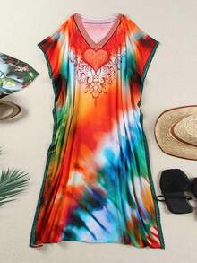 Chic Womens Bohemian Kaftan Dress Plus Size Tie Dye Kimono Style Maxi Loungewear Loose Fit V Neck Beach Cover Up Elegant Print Vacation Beachwear Swimsuit Cover Up Robe - Multicolor - View 6