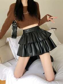New Spring/Autumn PU Leather Pleated A-Line Mini Skirt, Flattering For Petite Women - Black - View 1