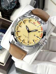 1pc Blue & Yellow Outdoor Sports Style PU Leather Men's Quartz Watch, Calendar Display, Daily Business Casual Fashion Accessory Watch, Ideal Gift For Valentine's Day - one-size - View 8