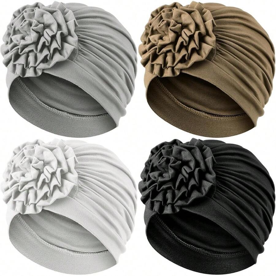Chemo Turban Headwear Soft Cap Flower Turban Elastic Head Wrap For Patients Hair Loss - Đen, Trắng, Nâu, Xám đậm - Xem 1