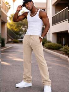 Mens Casual Tech Fleece Solid Stacked Sweat Pants - OATMEAL - View 1